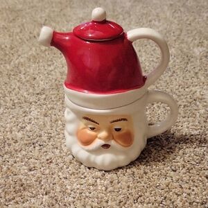 Santa Claus Ceramic Teapot and Mug Set - Red and White